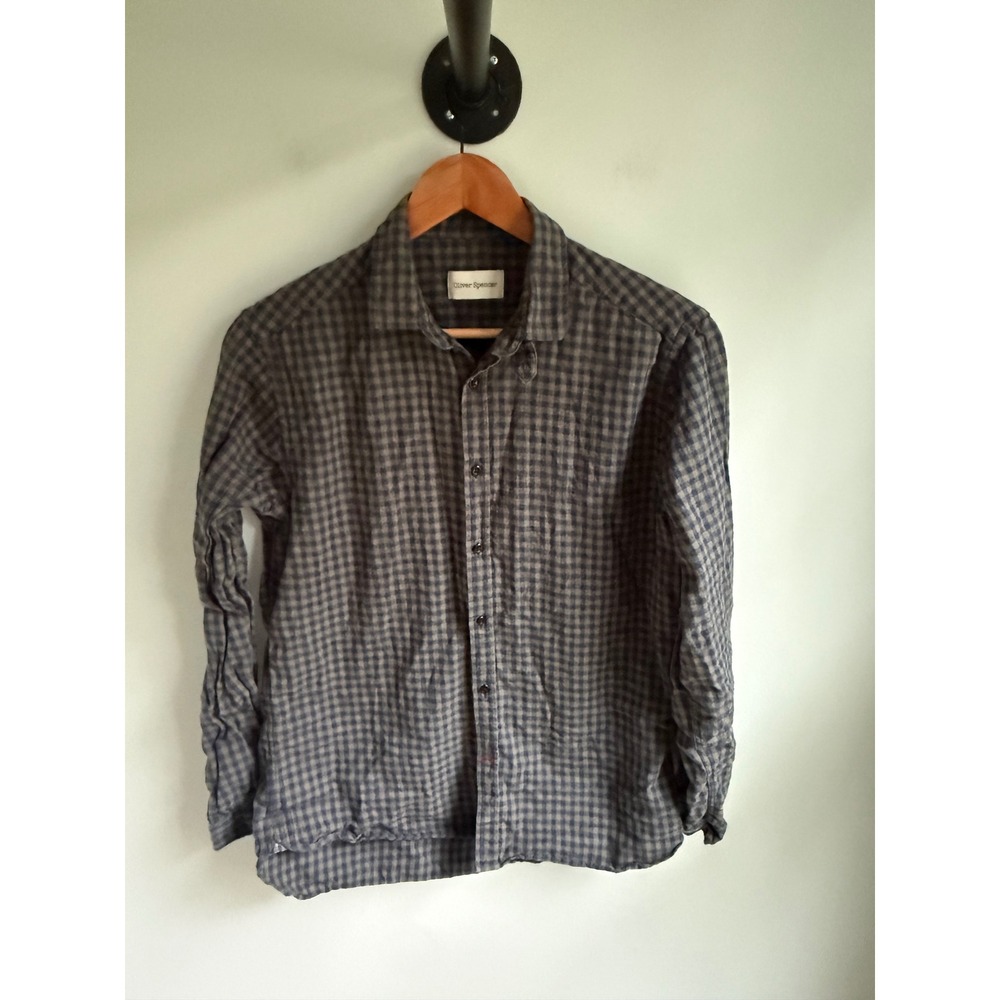 Oliver Spencer Mens Gingham Check Button Down Shirt Navy Grey Long Sleeve S 15
